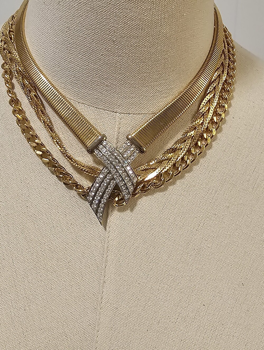 3 Gold-Tone Multi-Chain Necklaces with Crystal Knot Blue Pendant